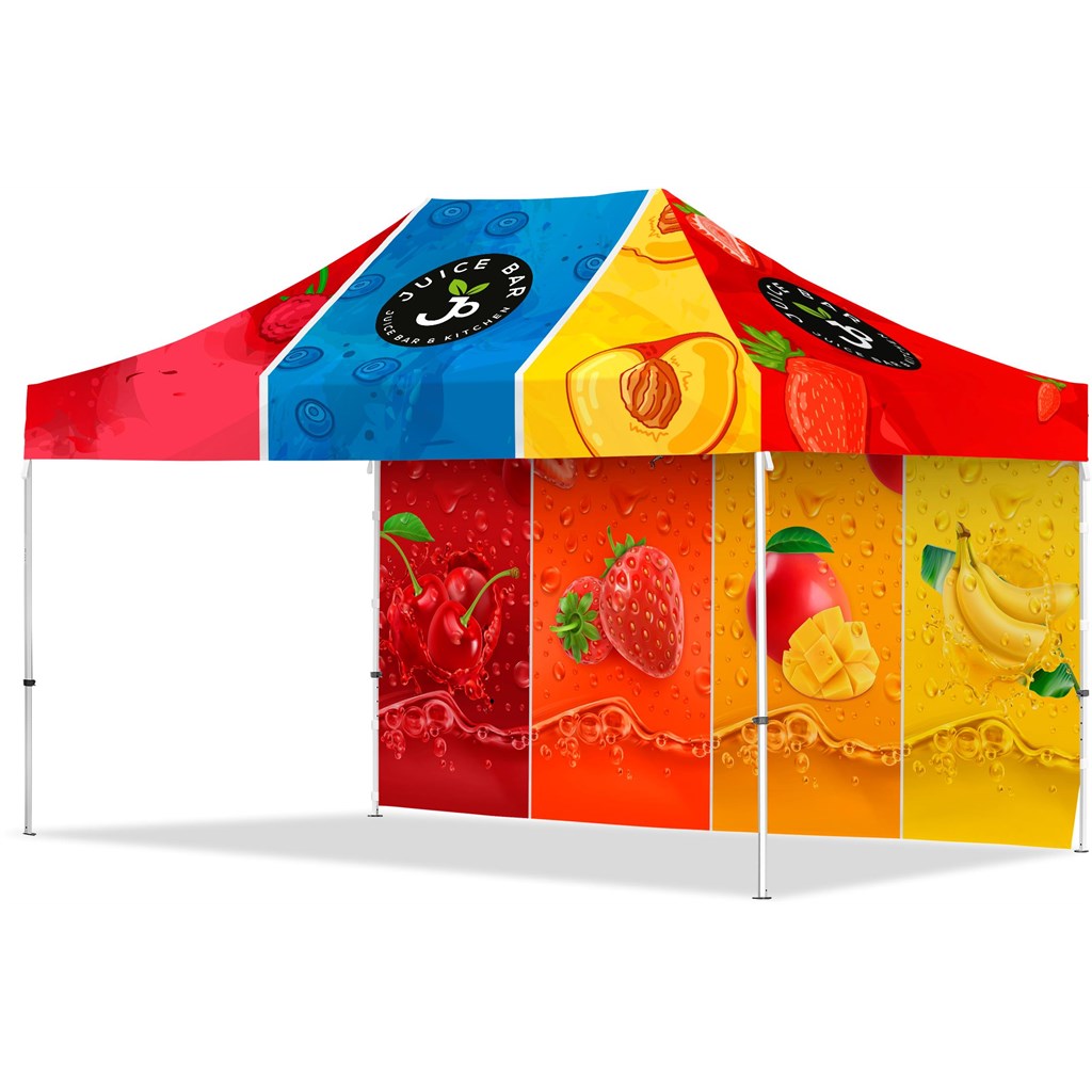 [VI-AM-238-D] Coated Steel Sublimated Gazebo 4.5m x 3m 1 Long Full-Wall Skin