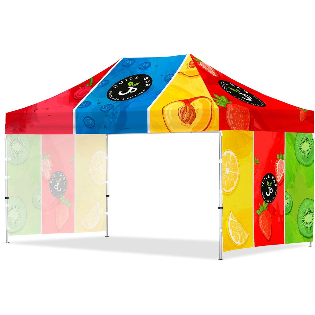 [VI-AM-240-D] Coated Steel Sublimated Gazebo 4.5m x 3m -  2 Short Full-Wall Skins