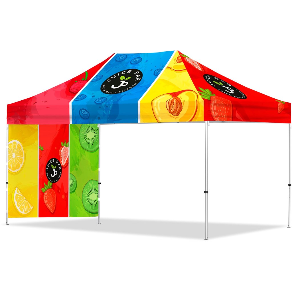 [VI-AM-243-D] Coated Steel Sublimated Gazebo 4.5m x 3m - 1 Short Full-Wall Skin
